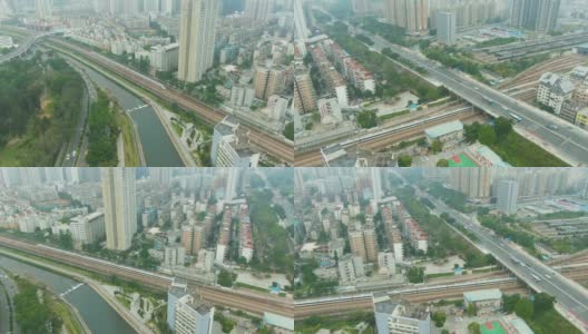 深圳和路过的火车。中国鸟瞰图高清在线视频素材下载