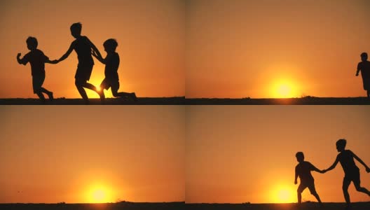 夕阳下三个男孩奔跑的剪影高清在线视频素材下载