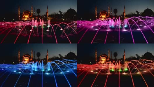 照亮苏丹艾哈迈德清真寺蓝色清真寺日出前，傍晚的喷泉。土耳其伊斯坦布尔高清在线视频素材下载