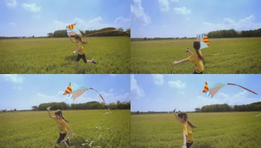 美丽的小女孩在放风筝。她年轻时的快乐回忆高清在线视频素材下载