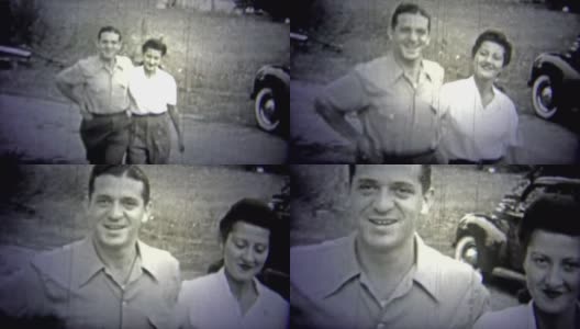 1943年，美国俄克拉荷马州:一名男子和一名女子在经过他们心爱的汽车时蹦蹦跳跳。高清在线视频素材下载