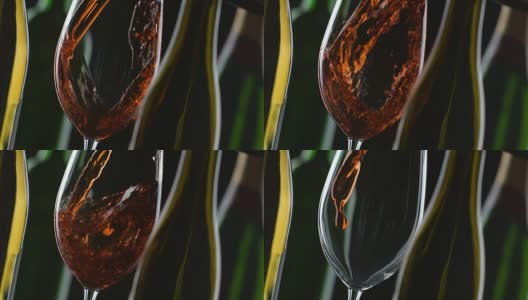 红酒倒酒瓶和黑色背景的慢动作镜头高清在线视频素材下载