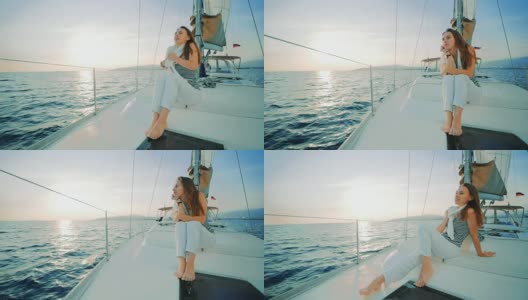 帆船上的美女。豪华夏天的生活方式高清在线视频素材下载