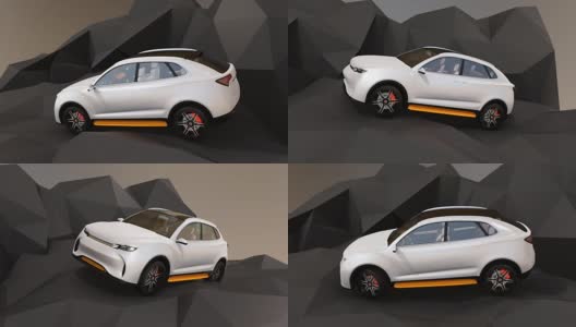 白色自动电动SUV驾驶在几何硬地面高清在线视频素材下载
