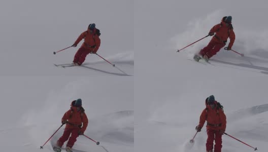 乡间滑雪者下山，积着厚厚的粉雪高清在线视频素材下载