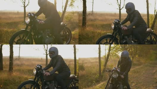 一个戴着头盔、穿着皮夹克的年轻人走到他的自行车前，在一个阳光明媚的秋天站在路边时启动了引擎。Slowmotion拍摄高清在线视频素材下载