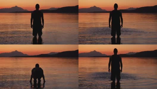日落时湖边一个人的剪影高清在线视频素材下载