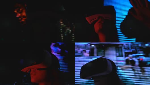 戴着vr头盔的女孩玩恐怖游戏，背景上显示letsplay的场景高清在线视频素材下载