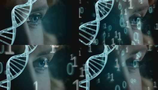 DNA动画与二进制代码在一个蓝色眼睛的特写背景高清在线视频素材下载