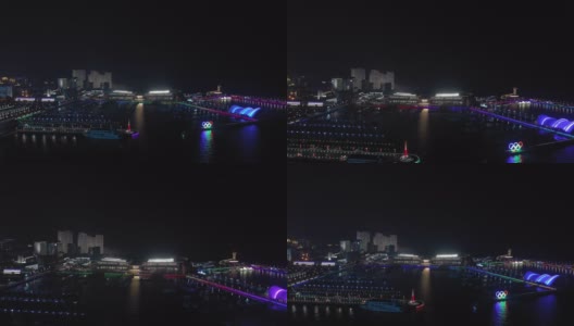 夜间时间青岛市区著名的奥林匹克湾码头航拍4k中国全景图高清在线视频素材下载