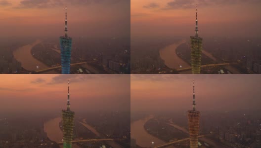 广州市市中心滨江日落灯光照明著名塔前顶空中全景4k中国高清在线视频素材下载