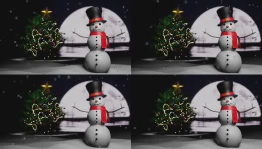 雪人，黑色大礼帽，红色布带，红色围巾。圣诞树上的白雪装饰着圣诞节。高清在线视频素材下载