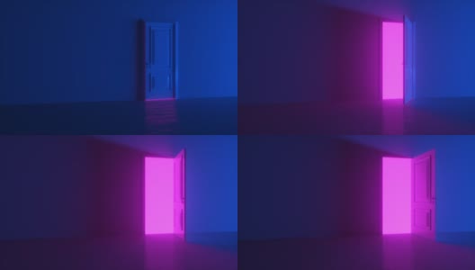 4K亮粉色鲜艳霓虹灯打开的门。房间打开了，明亮的彩色光线充满了空间。充满了黑暗的空间。3D渲染动画打开门高清在线视频素材下载