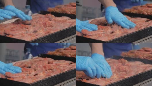 慢镜头:厨师烹饪新鲜的红海螯虾烧烤在夏季当地食物高清在线视频素材下载