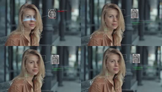 使用面部识别的现代技术，生物特征肖像。人的脸Id。年轻美丽的女性高科技3d检测虹膜。未来扫描网络安全防护人员4k特写镜头高清在线视频素材下载