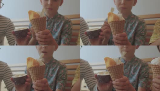 青少年在咖啡馆敲冰淇淋，华夫杯冷甜点健康食品高清在线视频素材下载