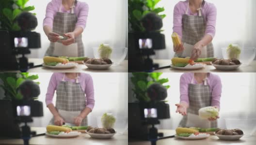 女厨师在网上举办的虚拟烹饪课上与观众交谈高清在线视频素材下载