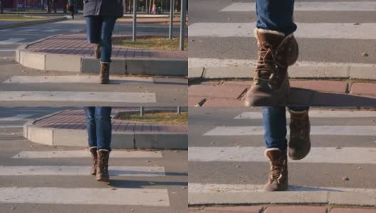 一个穿棕色鞋子的女人在人行横道过马路，两腿特写。高清在线视频素材下载