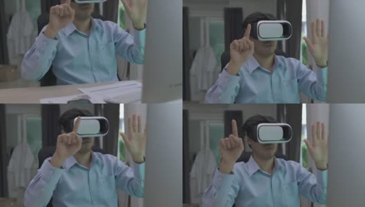 亚洲男子与虚拟现实眼镜耳机触摸空气在家里高清在线视频素材下载
