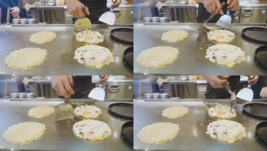 厨师制作日本传统美食御好烧高清在线视频素材下载