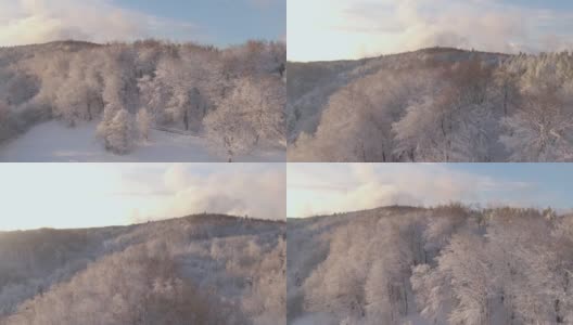 航拍:无人机在日出时拍摄的乡村雪景。高清在线视频素材下载