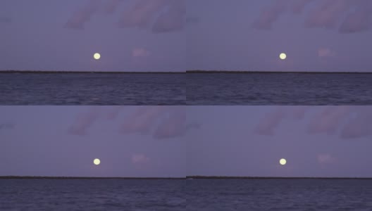 月亮低低地坐在海面上，紫色和蓝色的天空和云高清在线视频素材下载