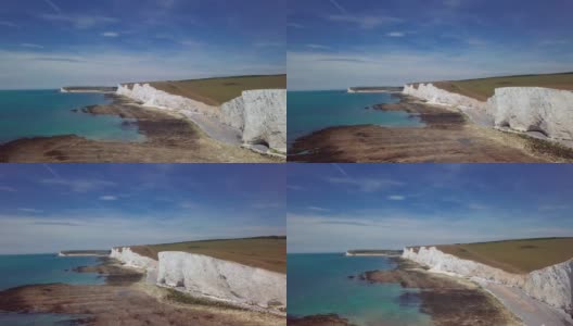 无人机拍摄的七姐妹，Cuckmere Haven，英格兰南部海岸线上的白色悬崖。高清在线视频素材下载