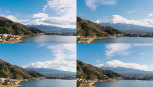 日本川口千子湖富士山云流的延时拍摄高清在线视频素材下载