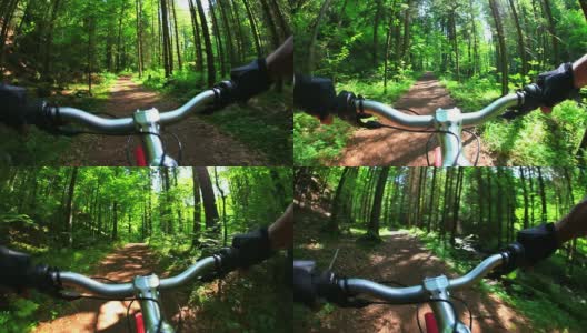POV山地自行车穿越春天的森林高清在线视频素材下载