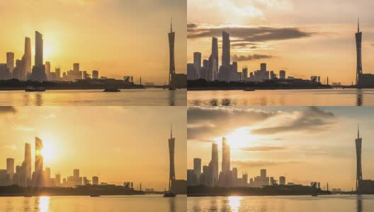 日出时分广州河边的现代化办公大楼高清在线视频素材下载