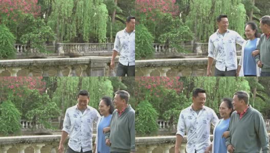 年老的亚洲夫妇和成年的儿子在公园散步高清在线视频素材下载