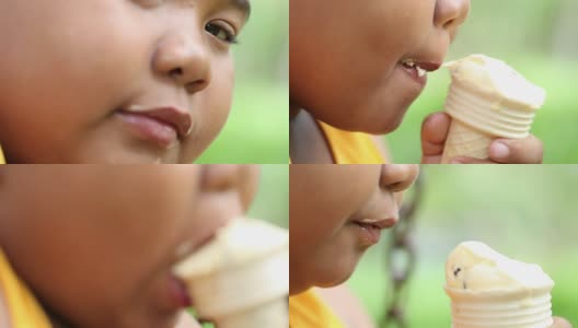 亚洲胖男孩吃冰淇淋，慢镜头高清在线视频素材下载