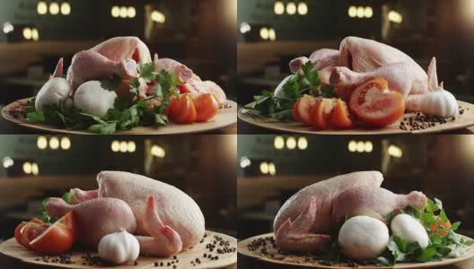 生鸡肉和蔬菜放在木盘子里高清在线视频素材下载