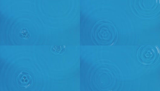 两滴雨落在蓝色的水中。前视图。水滴落入水中，形成水圈高清在线视频素材下载