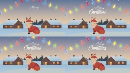 圣诞快乐的字母与狐狸和房子在雪景高清在线视频素材下载