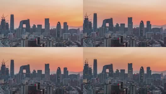 时光流逝——俯瞰北京天际线，日落到夜晚(WS平移)高清在线视频素材下载