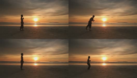 剪影男子在海滩上练太极高清在线视频素材下载