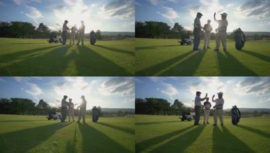 夏天的日落时分，高尔夫球场上，4K组亚洲男子高尔夫球手在比赛结束后握手高清在线视频素材下载