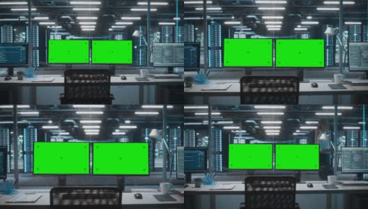 高技术数据中心服务器，两个绿色屏幕的色度键显示在个人电脑上，站在桌子上。现代监控网络服务概念、云计算、网络安全高清在线视频素材下载
