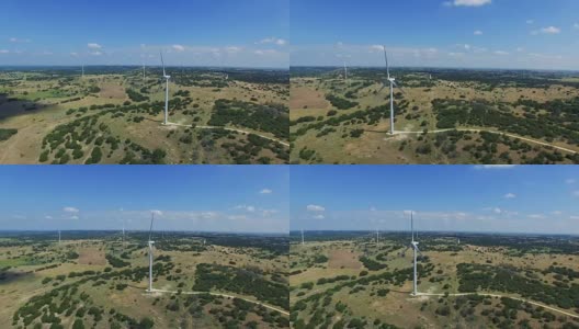 令人惊叹的德克萨斯州丘陵国家与涡轮机俯瞰无人机拍摄的风力涡轮机农场戈德斯韦特，得克萨斯州附近的兰姆帕斯和得克萨斯州奥斯汀高清在线视频素材下载