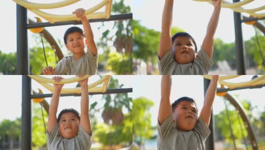 亚洲孩子在户外操场玩秋千和其他活动。户外学习与快乐的理念高清在线视频素材下载