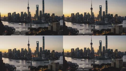 鸟瞰图，上海城市天际线和现代建筑在日出高清在线视频素材下载