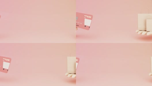 近木卡通手握购物网上卡设计模板模型银行信用卡与购物袋换钱商品在粉红色背景3d渲染动画循环高清在线视频素材下载