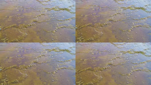 黄石国家公园，蒙大拿州，2021年7月。近距离的地表水径流板跨越一个梯田岩石表面创造营养丰富的藻类池。高清在线视频素材下载