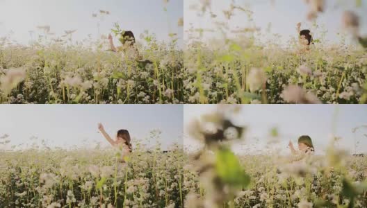 SLO MO女孩跑过花的田野高清在线视频素材下载