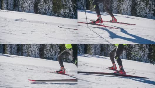 越野滑雪者滑雪上山，热身高清在线视频素材下载