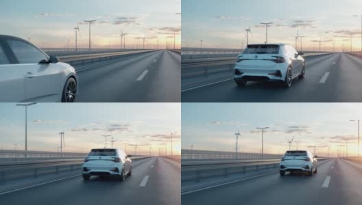 自动驾驶的自动电动汽车经过摄像头，朝着日出方向行驶高清在线视频素材下载