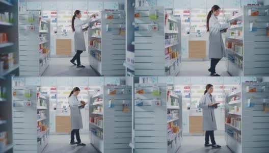 药店:美丽的中国药剂师使用数字平板电脑，检查库存的药品，药物，维生素，保健产品的货架上。药店专业药剂师高清在线视频素材下载