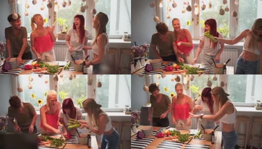 爱玩的朋友在厨房里玩蔬菜高清在线视频素材下载