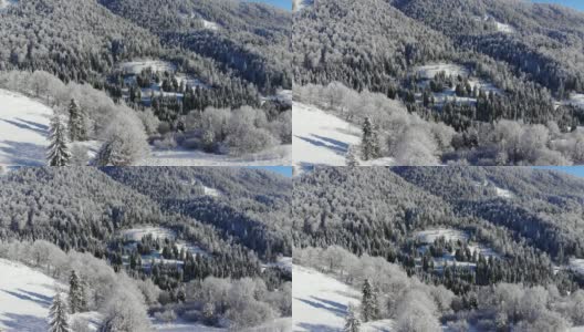 山里的冬天。冬季森林从鸟瞰。山上的树被白雪覆盖。蓝色的天空。用四轴飞行器拍摄。高清在线视频素材下载